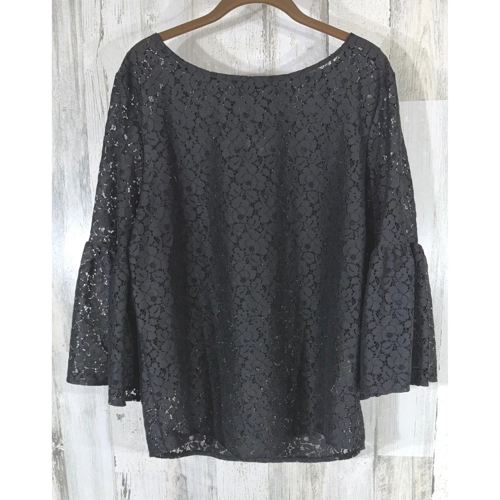 Banana Republic‎ Lace Blouse XL Black Bell Sleeve Floral Boho Whimsigoth Goth